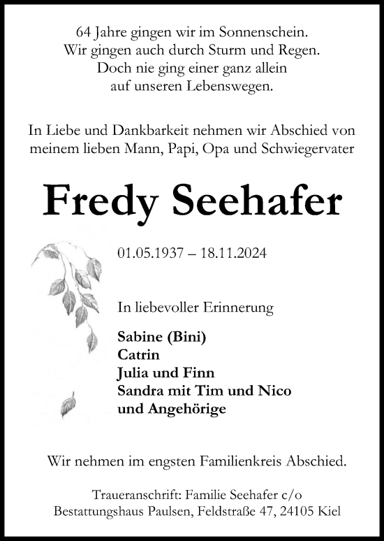 Traueranzeige von Fredy Seehafer von Kieler Nachrichten