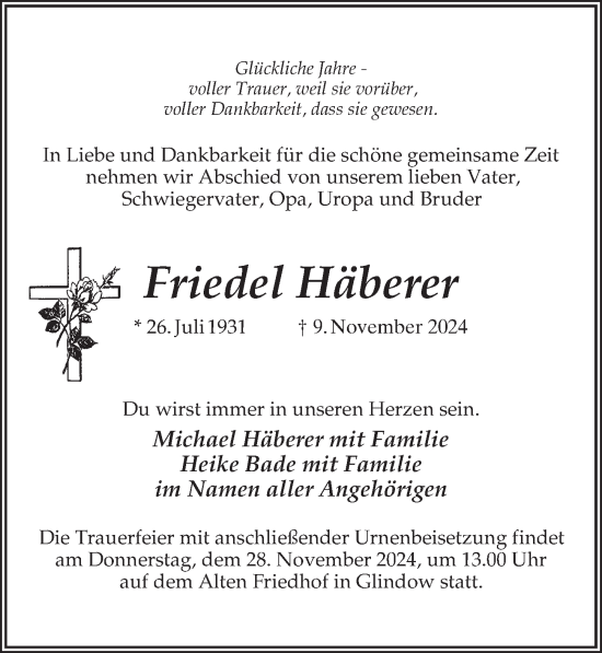 Traueranzeige von Friedel Häberer von Märkischen Allgemeine Zeitung