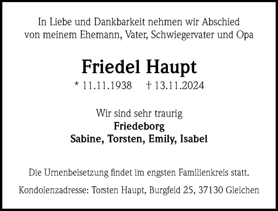 Traueranzeige von Friedel Haupt von Göttinger Tageblatt