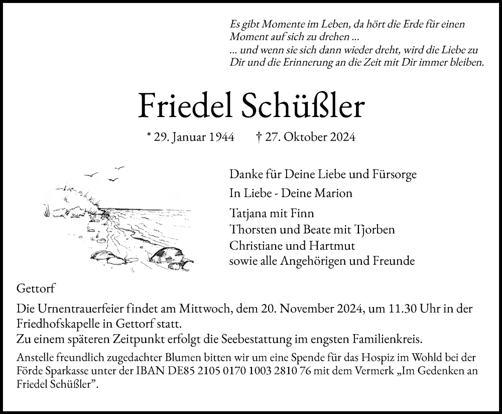  Traueranzeige für Friedel Schüßler vom 02.11.2024 aus Kieler Nachrichten