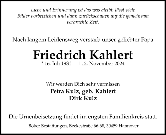 Traueranzeige von Friedrich Kahlert von Hannoversche Allgemeine Zeitung/Neue Presse