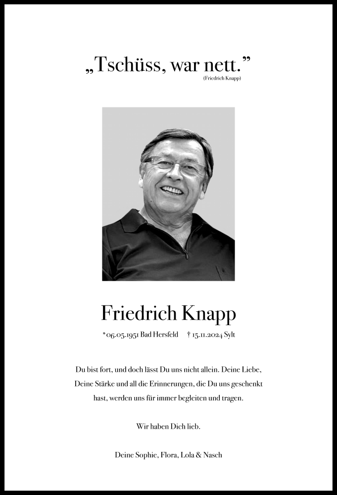  Traueranzeige für Friedrich Knapp vom 23.11.2024 aus Hannoversche Allgemeine Zeitung/Neue Presse