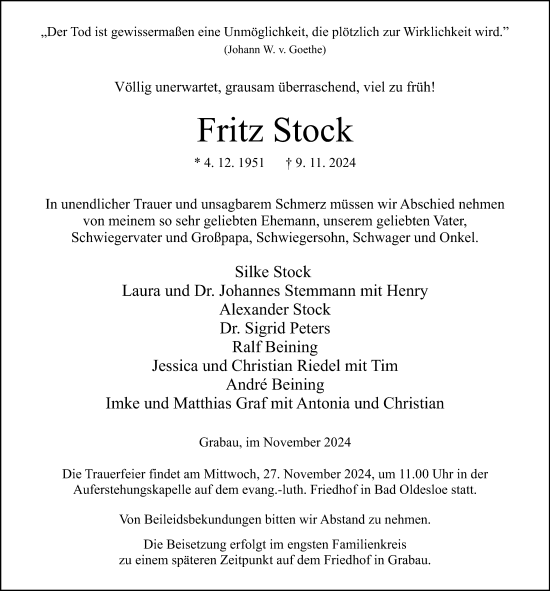 Traueranzeige von Fritz Stock von Lübecker Nachrichten