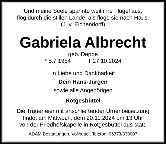 Traueranzeige von Gabriela Albrecht von Aller Zeitung