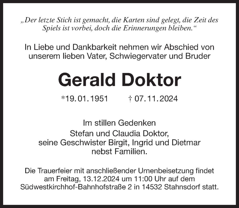  Traueranzeige für Gerald Doktor vom 23.11.2024 aus Märkischen Allgemeine Zeitung