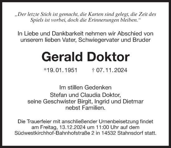 Traueranzeige von Gerald Doktor von Märkischen Allgemeine Zeitung