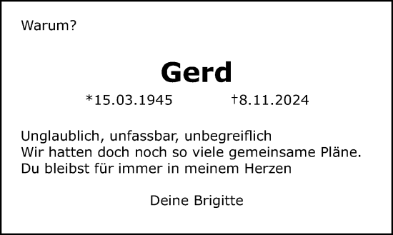 Traueranzeige von Gerd  von Schaumburger Nachrichten und Schaumburger Zeitung/ Landes-Zeitung