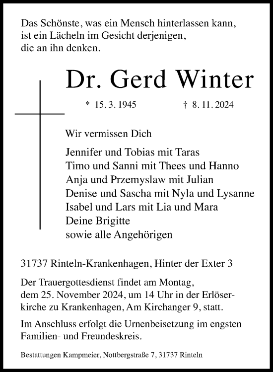 Traueranzeige von Gerd Winter von Schaumburger Nachrichten und Schaumburger Zeitung/ Landes-Zeitung