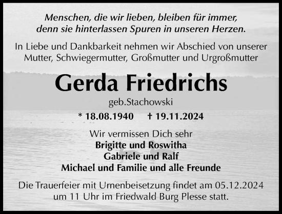 Traueranzeige von Gerda Friedrichs von Göttinger Tageblatt