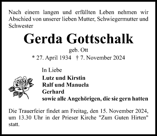 Traueranzeige von Gerda Gottschalk von Kieler Nachrichten