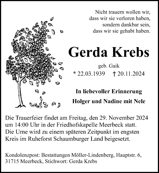 Traueranzeige von Gerda Krebs von Schaumburger Nachrichten