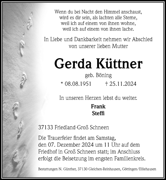 Traueranzeige von Gerda Küttner von Göttinger Tageblatt