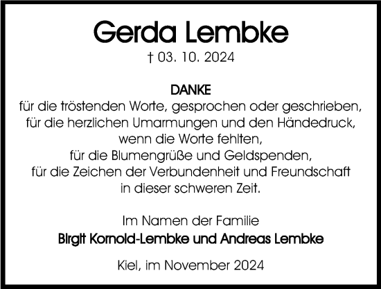 Traueranzeige von Gerda Lembke von Kieler Nachrichten