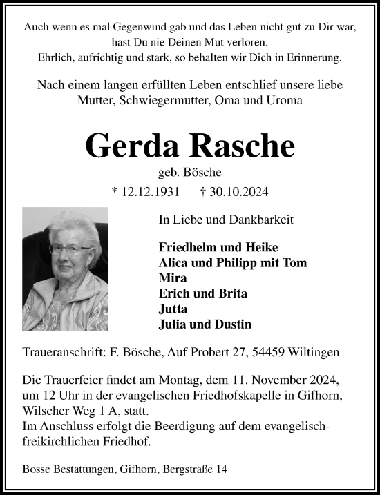 Traueranzeige von Gerda Rasche von Aller Zeitung