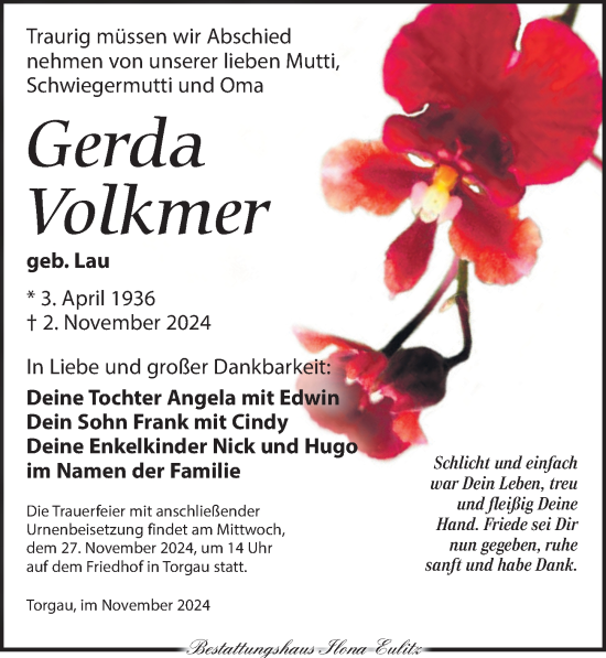 Traueranzeige von Gerda Volkmer von Torgauer Zeitung