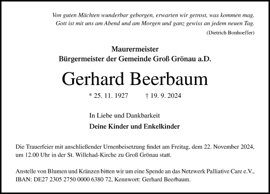 Traueranzeige von Gerhard Beerbaum von Lübecker Nachrichten