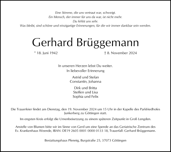 Traueranzeige von Gerhard Brüggemann von Göttinger Tageblatt