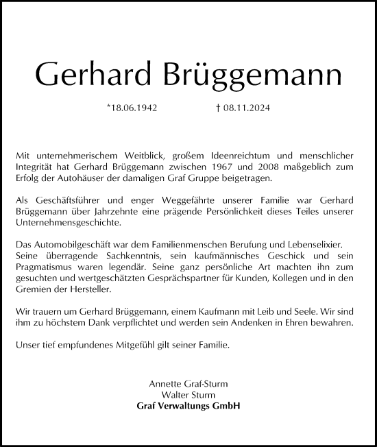 Traueranzeige von Gerhard Brüggemann von Göttinger Tageblatt