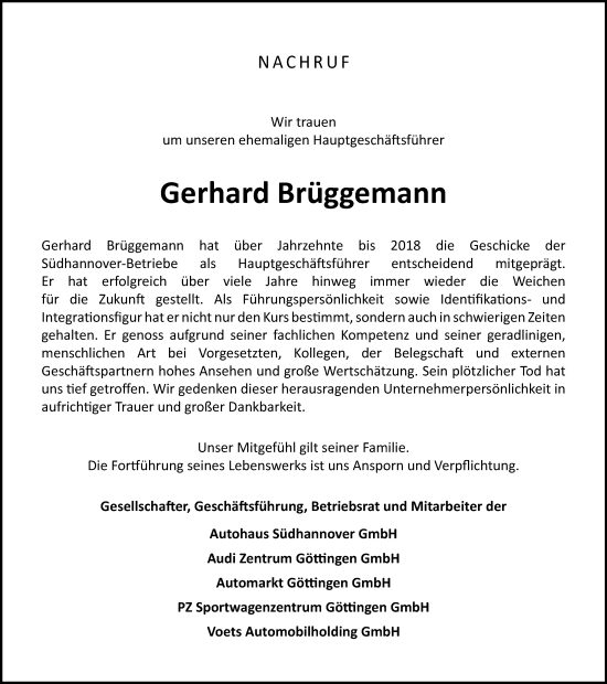 Traueranzeige von Gerhard Brüggemann von Göttinger Tageblatt