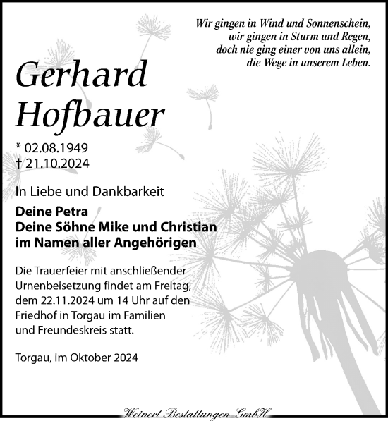 Traueranzeige von Gerhard Hofbauer von Torgauer Zeitung