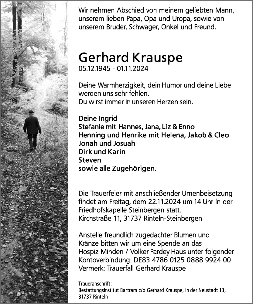  Traueranzeige für Gerhard Krauspe vom 16.11.2024 aus Schaumburger Nachrichten und Schaumburger Zeitung/ Landes-Zeitung