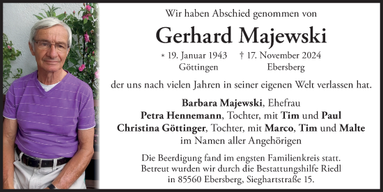 Traueranzeige von Gerhard Majewski von Göttinger Tageblatt