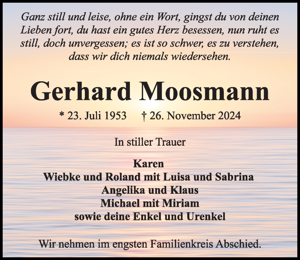  Traueranzeige für Gerhard Moosmann vom 30.11.2024 aus Kieler Nachrichten