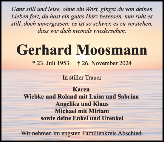 Traueranzeige von Gerhard Moosmann von Kieler Nachrichten