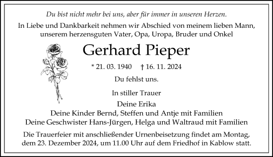 Traueranzeige von Gerhard Pieper von Märkischen Allgemeine Zeitung