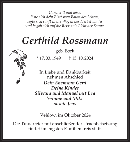 Traueranzeige von Gerthild Rossmann von Wochenspiegel