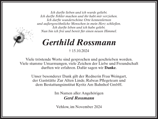 Traueranzeige von Gerthild Rossmann von Wochenspiegel