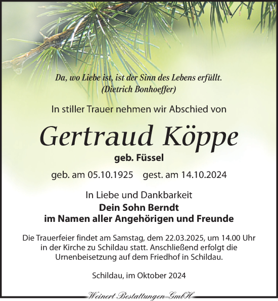 Traueranzeige von Gertraud Köppe von Torgauer Zeitung