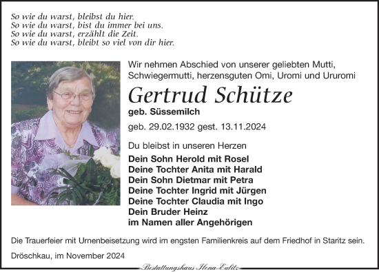 Traueranzeige von Gertrud Schütze von Torgauer Zeitung