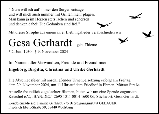 Traueranzeige von Gesa Gerhardt von Aller Zeitung