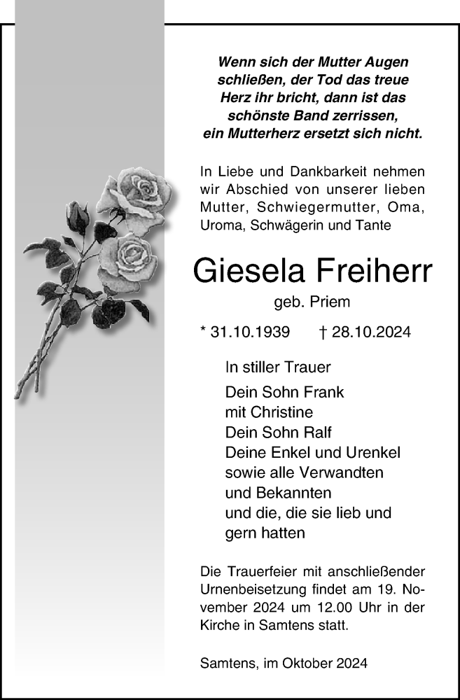  Traueranzeige für Giesela Freiherr vom 02.11.2024 aus Ostsee-Zeitung GmbH