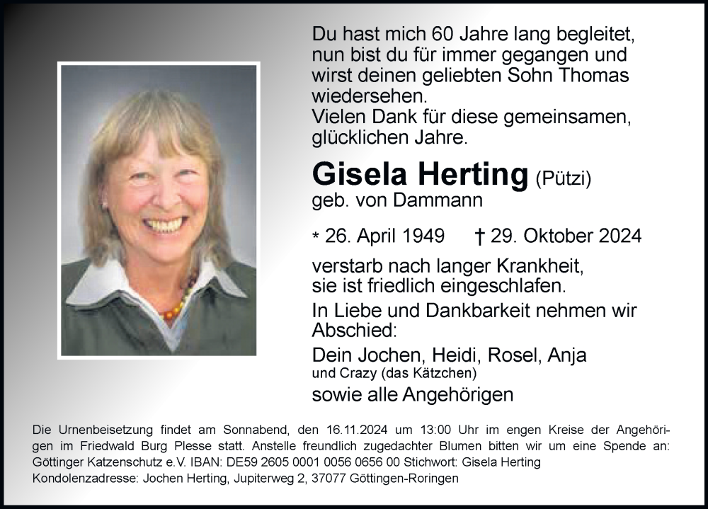  Traueranzeige für Gisela Herting vom 09.11.2024 aus Göttinger Tageblatt