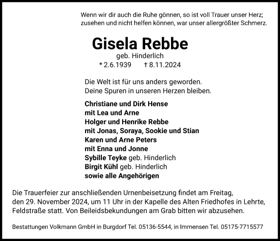 Traueranzeige von Gisela Rebbe von Hannoversche Allgemeine Zeitung/Neue Presse