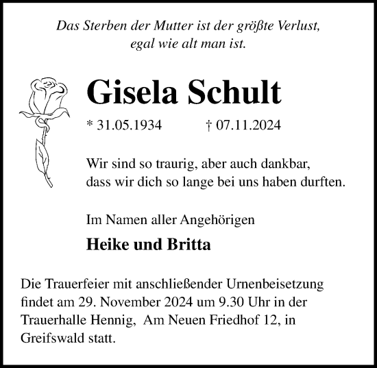 Traueranzeige von Gisela Schult von Ostsee-Zeitung GmbH