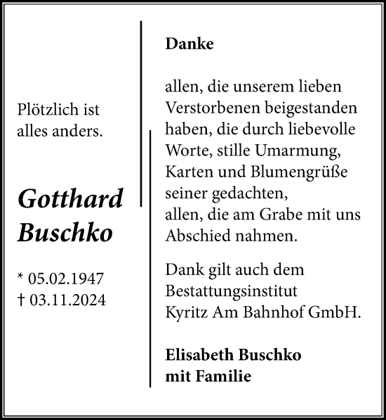 Traueranzeige von Gotthard Buschko von Wochenspiegel