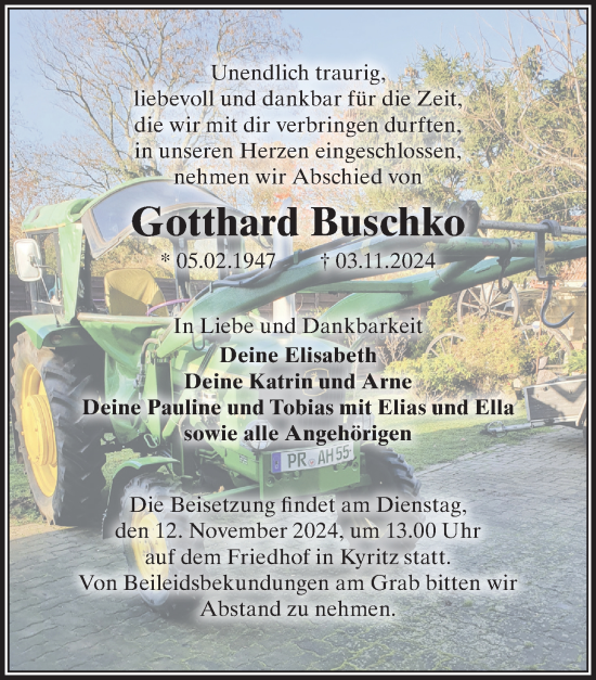 Traueranzeige von Gotthard Buschko von Wochenspiegel