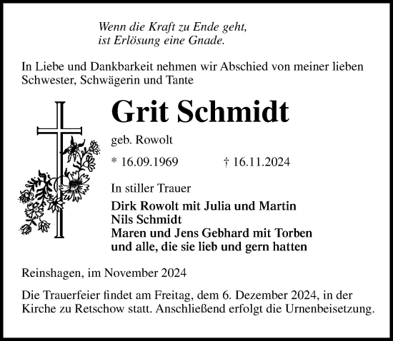 Traueranzeige von Grit Schmidt von Ostsee-Zeitung GmbH