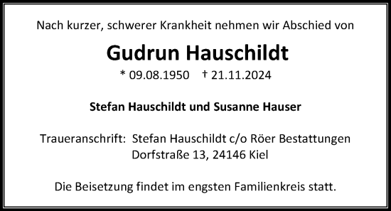 Traueranzeige von Gudrun Hauschildt von Kieler Nachrichten