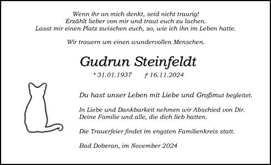 Traueranzeige von Gudrun Steinfeldt von Ostsee-Zeitung GmbH