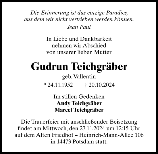 Traueranzeige von Gudrun Teichgräber von Märkischen Allgemeine Zeitung