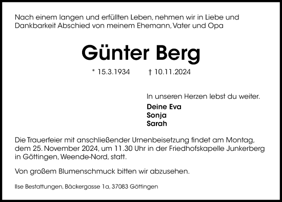 Traueranzeige von Günter Berg von Göttinger Tageblatt