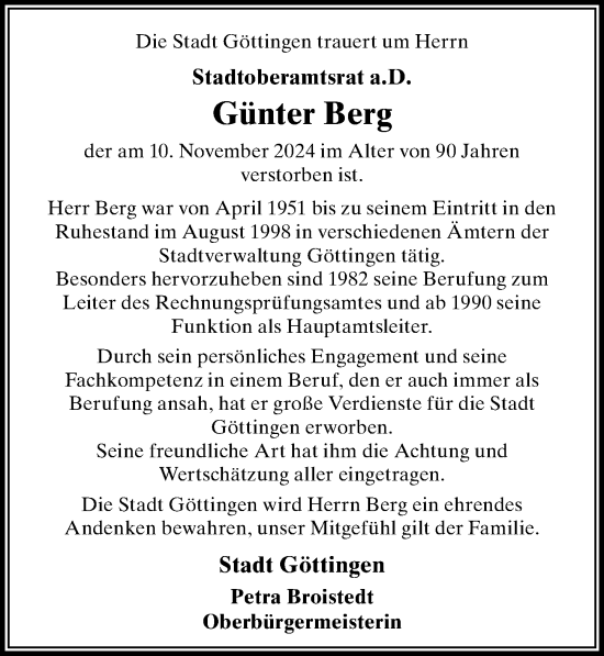 Traueranzeige von Günter Berg von Göttinger Tageblatt