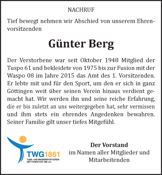 Traueranzeige von Günter Berg von Göttinger Tageblatt