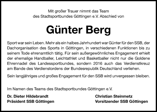 Traueranzeige von Günter Berg von Göttinger Tageblatt