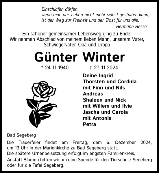 Traueranzeige von Günter Winter von Kieler Nachrichten