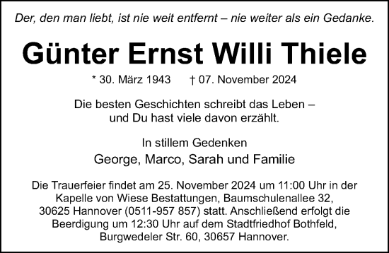 Traueranzeige von Günter Ernst Willi Thiele von Hannoversche Allgemeine Zeitung/Neue Presse